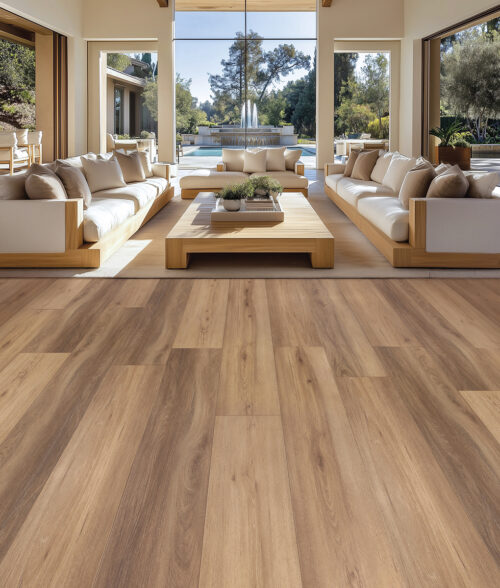 AquaProof Autumn Crest waterproof laminate flooring installed in a living room